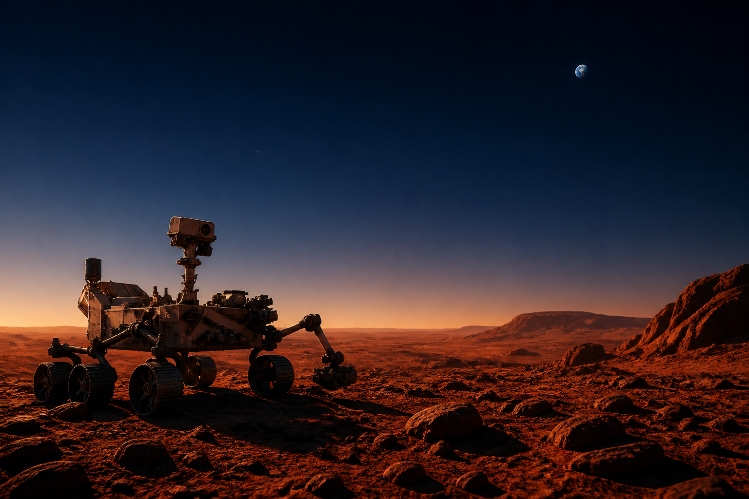 Mars rover exploring the Martian surface with Earth in the sky