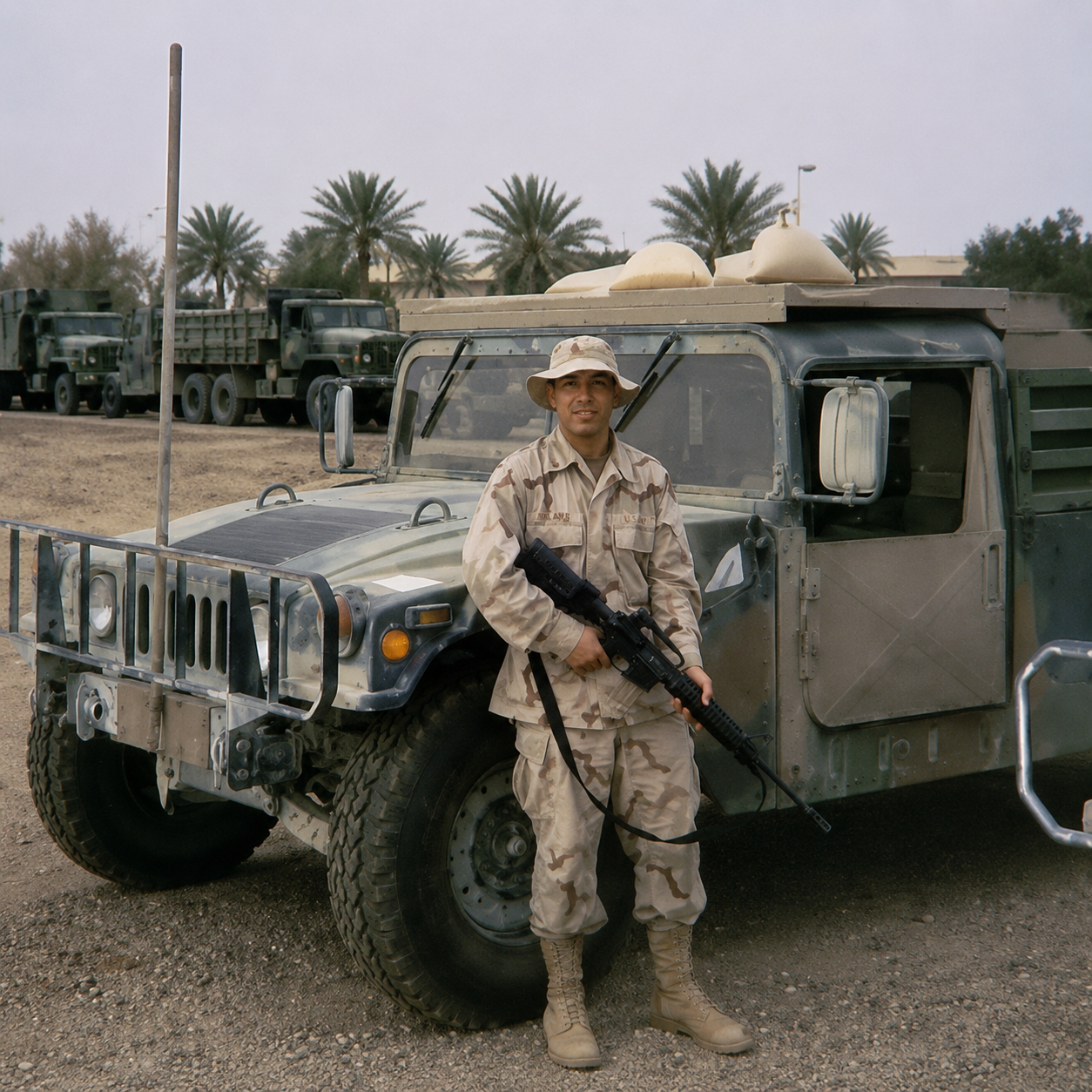 U.S. military veteran standing in front of a Humvee