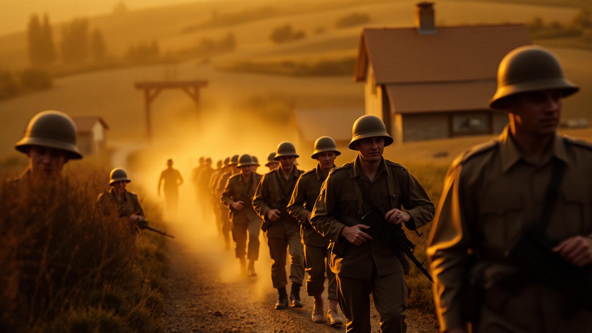American soldiers marching at dawn