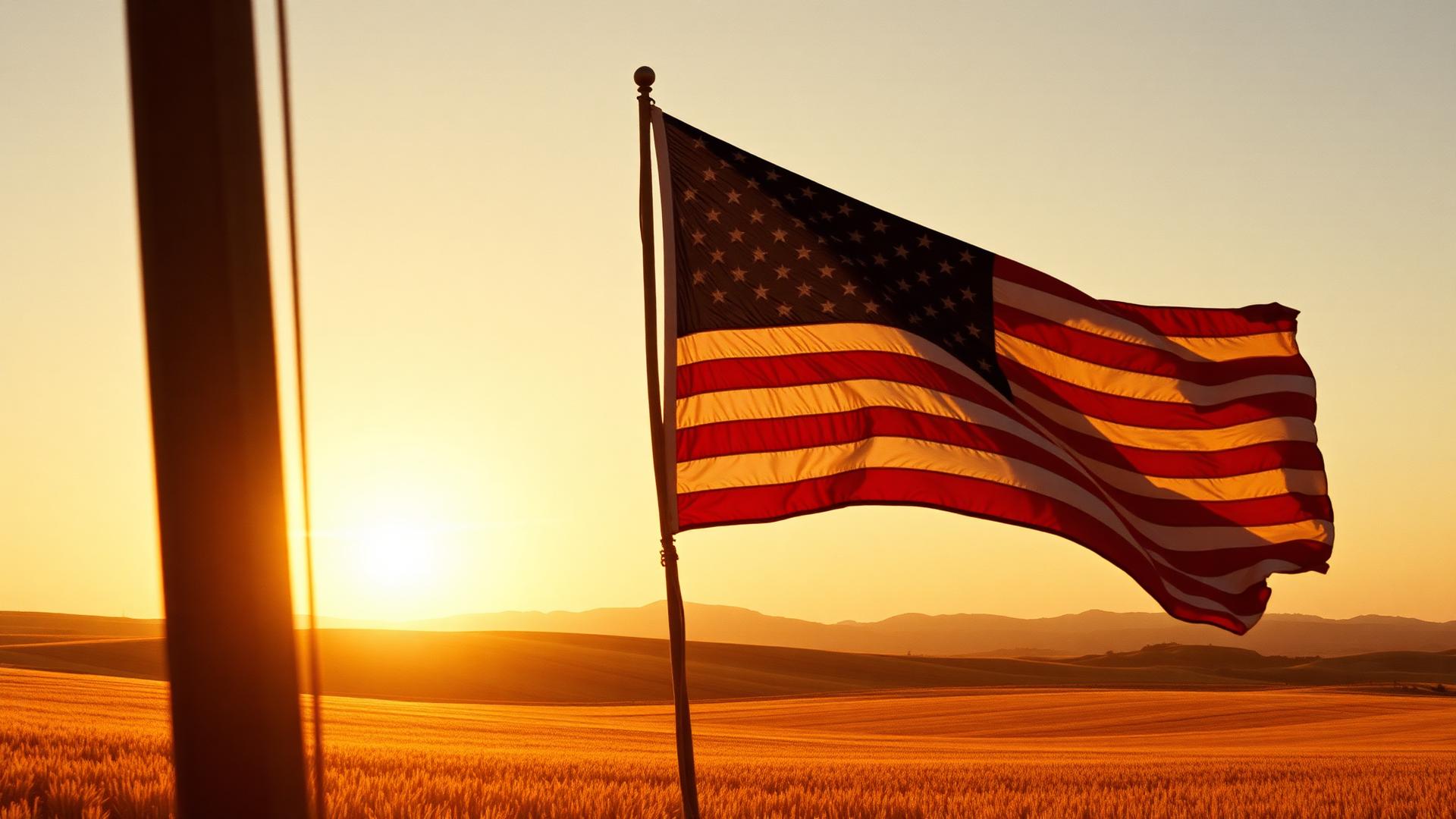 American flag waving at sunset