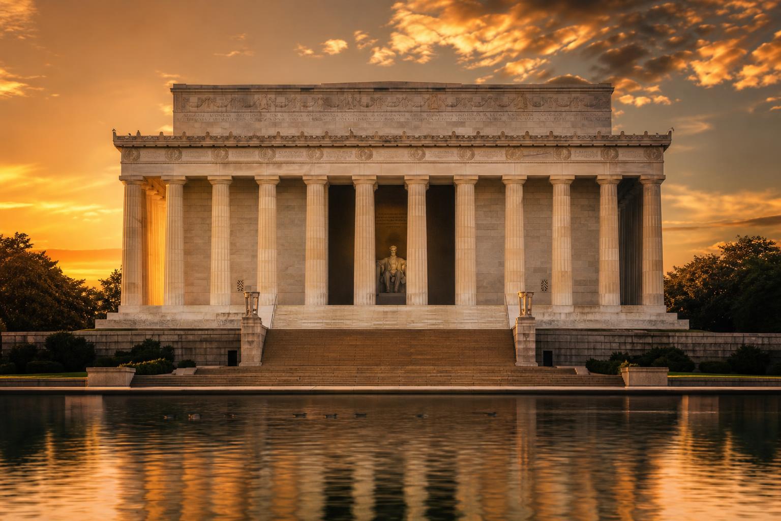 The Lincoln Memorial at golden hour, Lincoln seated inside